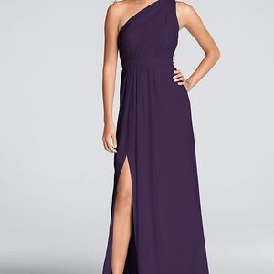 Long One-Shoulder Crinkle Chiffon Dress, Lapis